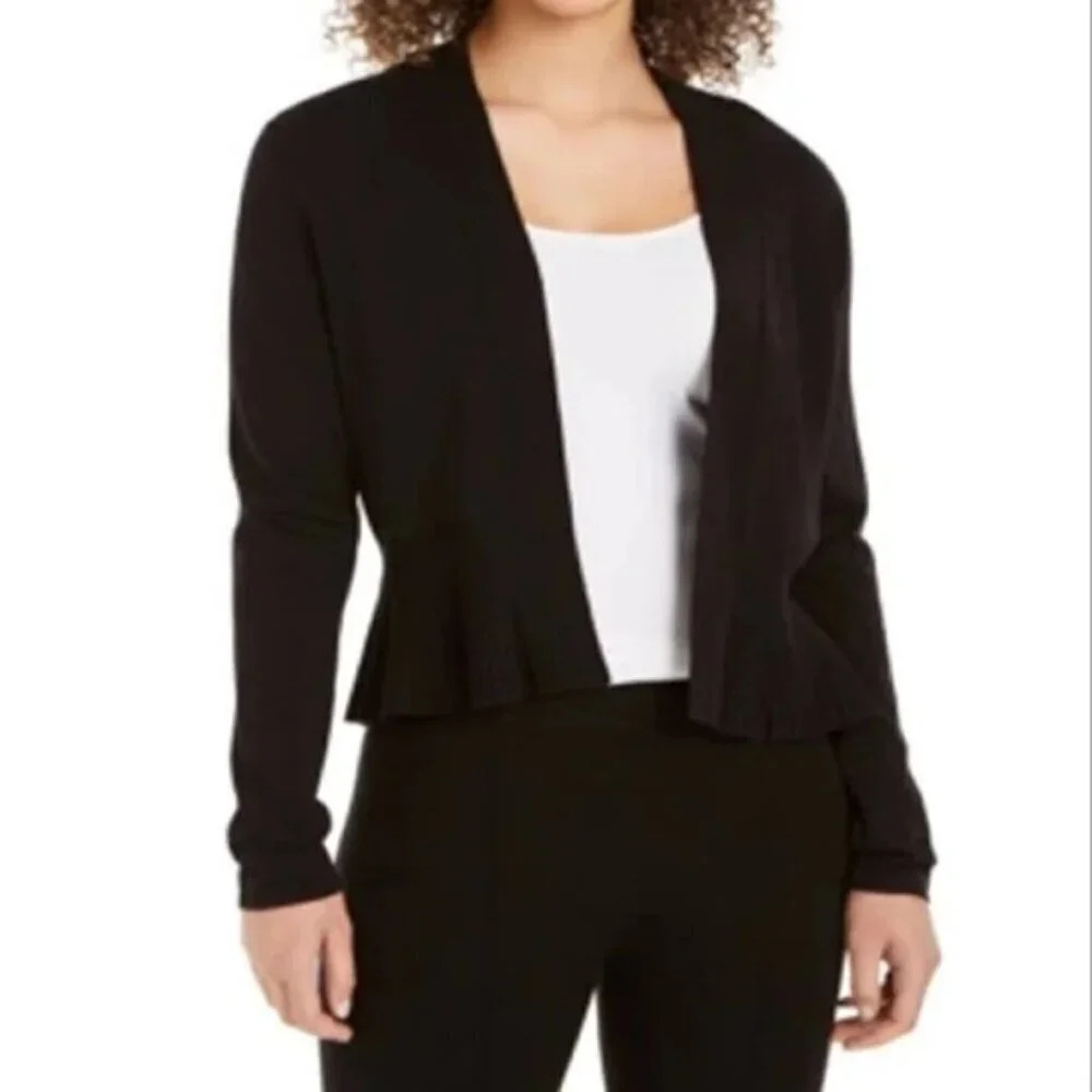 Charter Club Women's Size L Black Ramie Peplum Hem Open Front Cardigan Sweater